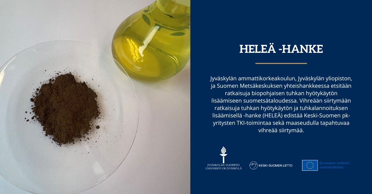 Olemme osa @JAMK_fi'n vetämää Heleä -hanketta, joka edistää puutuhkan päätymistä lannoitteeksi lisäten metsäteollisuuden raaka-ainehuoltoa. Me kehitämme tuhkissa esiintyvien haitallisten aineiden poistoa. 👉 r.jyu.fi/Fuc @metsakeskus #EUnTuella #TuloksiaLännestä