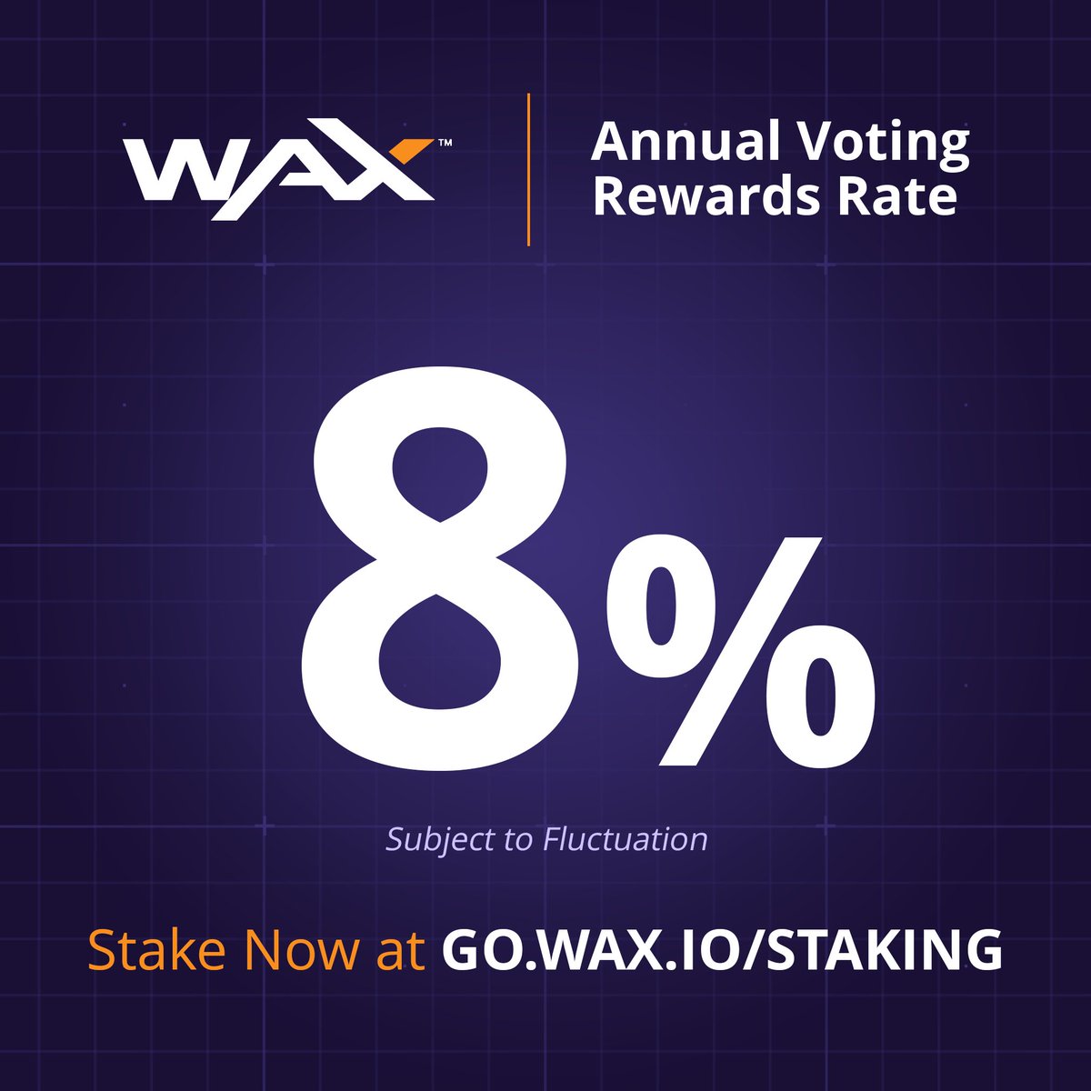 With an impressive Annual Voting Rewards Rate of around ~8%, there's no time to waste. 

Stake your $WAXP now at go.wax.io/staking. @WAX_io #WAXNFT