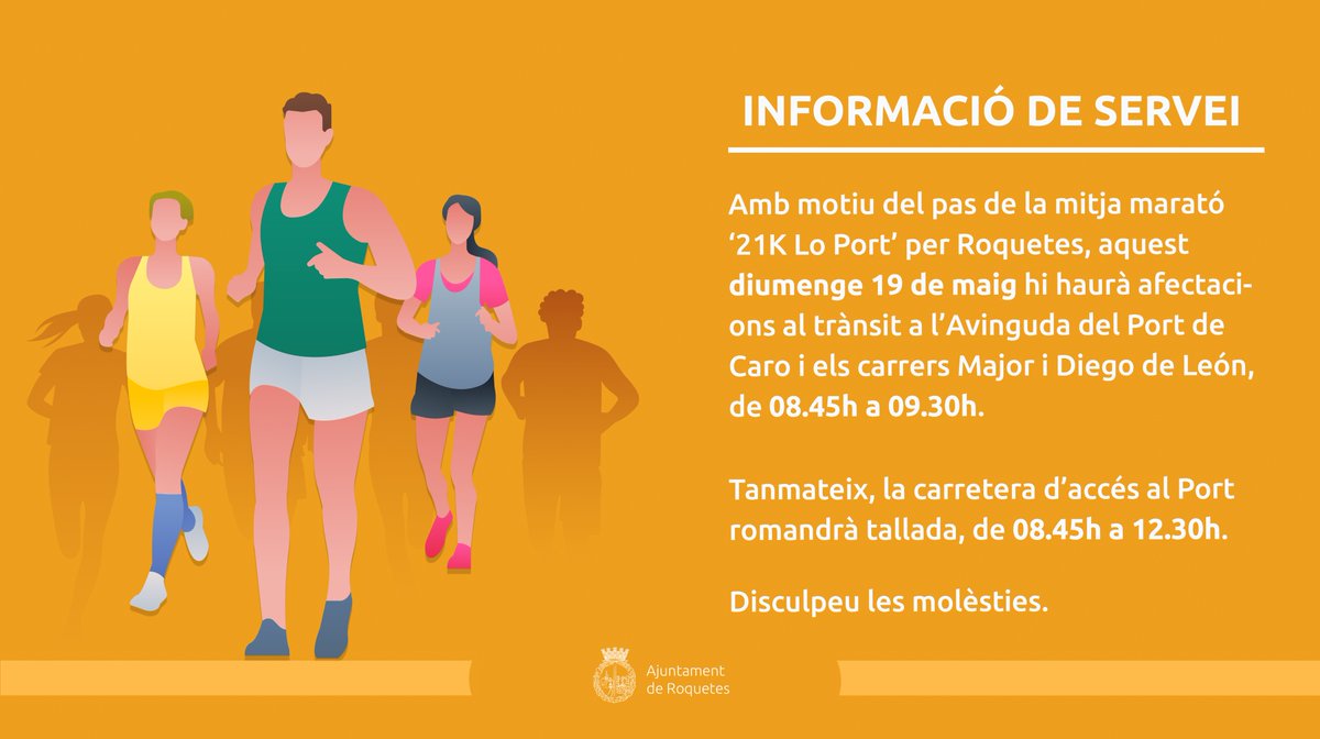 🚧Amb motiu de la marató ‘21K Lo Port’, aquest diumenge 19 de maig hi haurà afectacions al trànsit a l’Avinguda del Port de Caro i els carrers Major i Diego de León, de 08.45h a 09.30h.👟

Tanmateix, la carretera d’accés al Port romandrà tallada, de 08.45h a 12.30h.