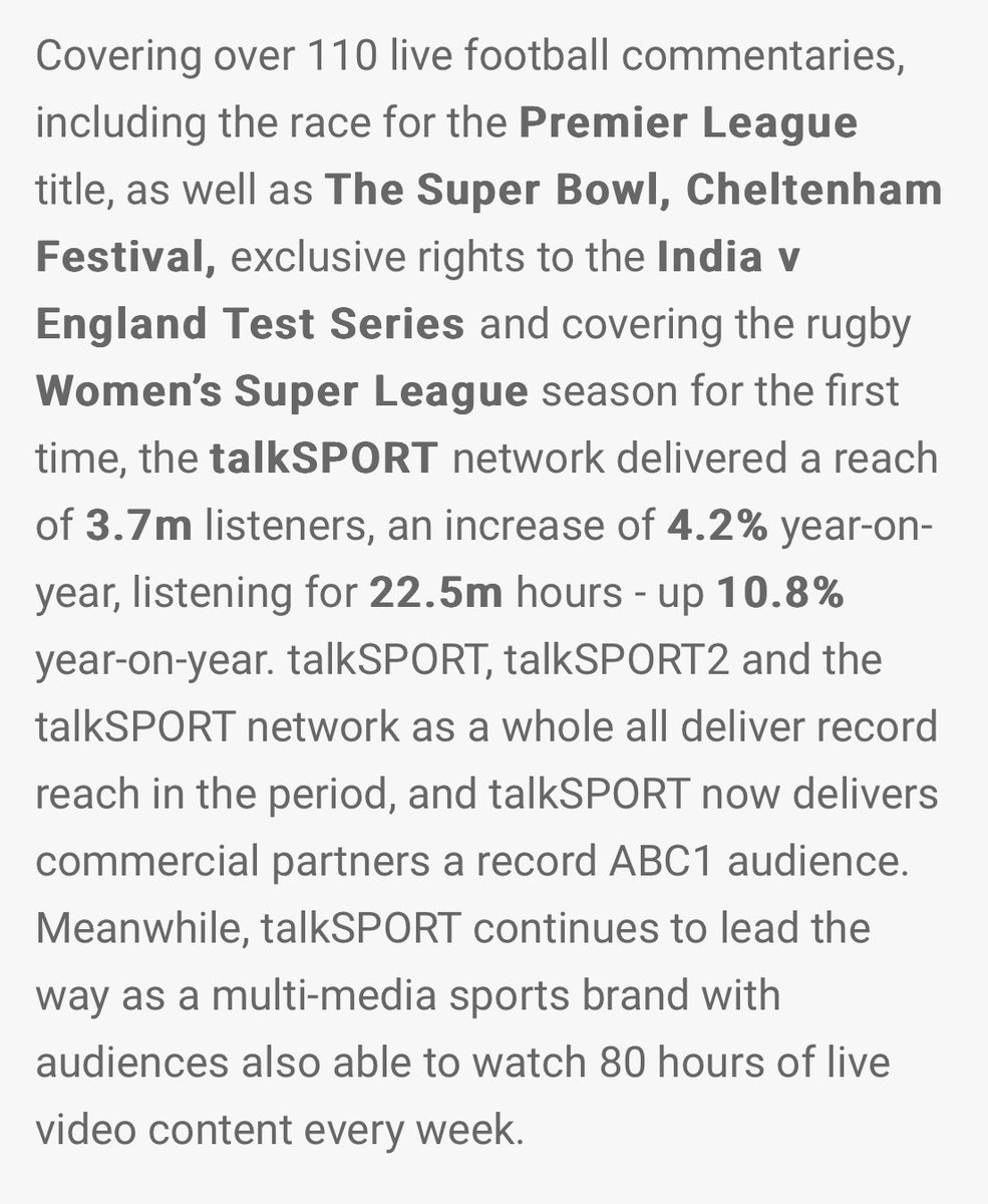 Incredible to reach 3.7m listeners across @talkSPORT @talkSPORT2 - the highest figure we’ve ever had. Record reach and hours for 11:00-14:30 Saturday. And our weeknight 19:00-22:00 offering has its biggest audience for 12 years. Credit to all of our live football team 👏