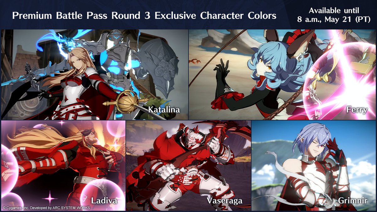 Earn exclusive in-game items in #GBVSR on top of standard Battle Pass rewards with the Premium Battle Pass Round 3, including exclusive character colors based on the original GBVS icon! Battle Pass Round 3 ends at 8 a.m., May 21 (PT), so get it while you can!