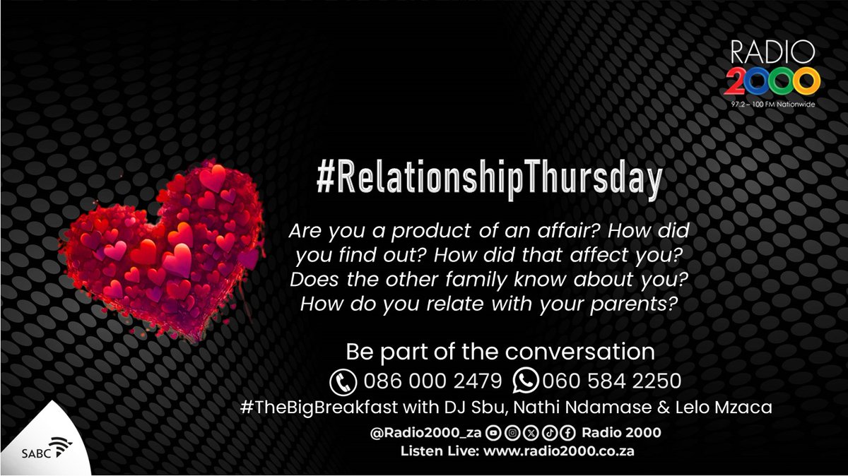 #TheBigBreakfastShow | #RelationshipThursday

#Radio2000

@djsbu @nathi_ndamase @LeloMzaca