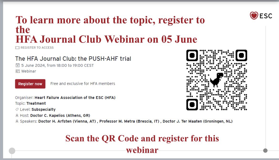 Delightful news!📰 The first edition of the #HFAYoung Journal Club is on the way! 🗓️ June 5th 2024 ⏱️18:00 CET 📑 PUSH-AHF trial HFA Members: live and on demand access esc365.escardio.org/event/1635 Please provide questions you want us to ask the authors! #HFAWebinar #HFA_ESC