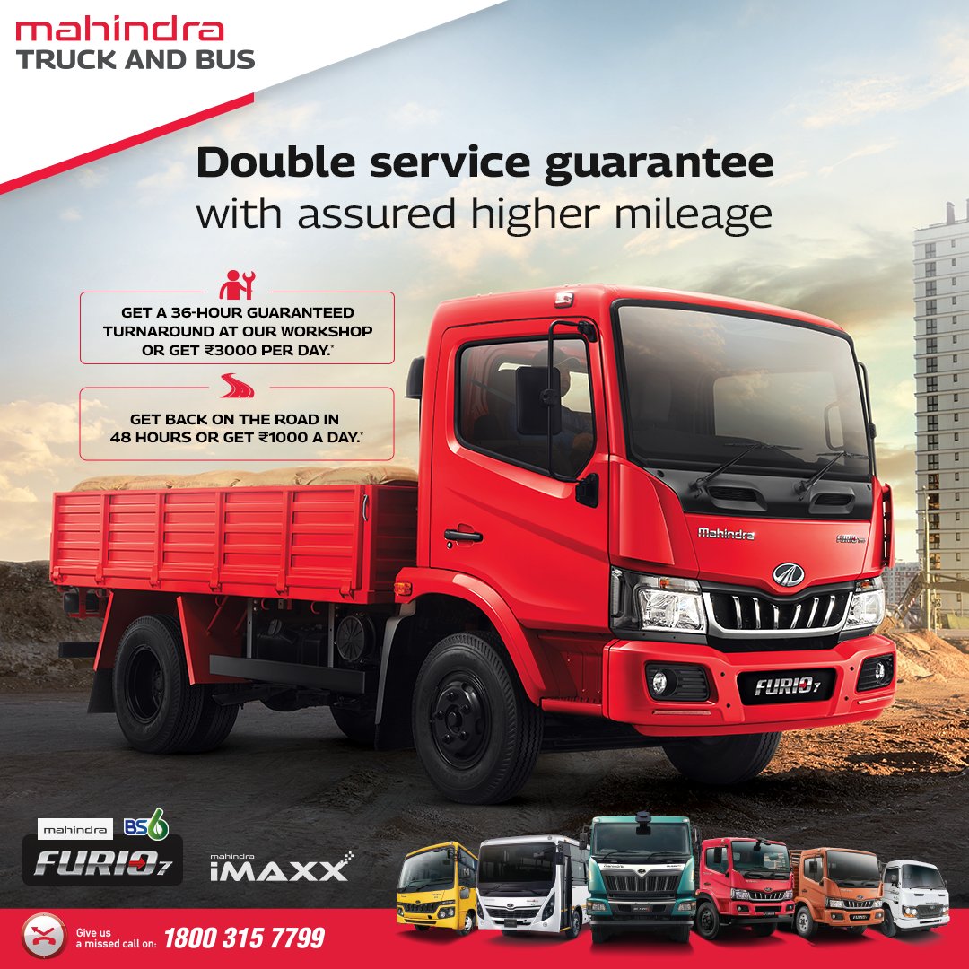 Mahindra FURIO 7 sets a new standard in transportation with its double service guarantee and assured higher mileage. Choose Mahindra FURIO 7 to achieve maximum efficiency and higher profits.

#Mahindra #MahindraTruckAndBus #FURIO #FURIO7 #Efficient  #DoubleServiceGuarantee