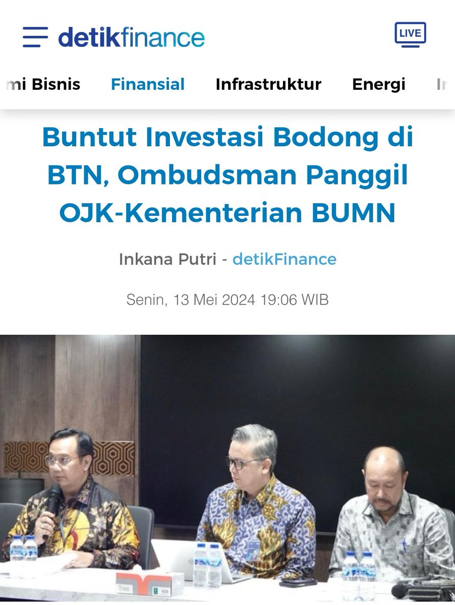 Bagaimana ini @erickthohir?

@bankbtn Salah Satu Bank BUMN Terlibat Investasi Bodong🤦

Itu menandakan pengawas dan menejemen nya Amburadul ❗

Buntut Investasi Bodong di BTN, Ombudsman Panggil OJK-Kementerian BUMN

Beberapa hari waktu, viral kasus sejumlah orang yang tertipu