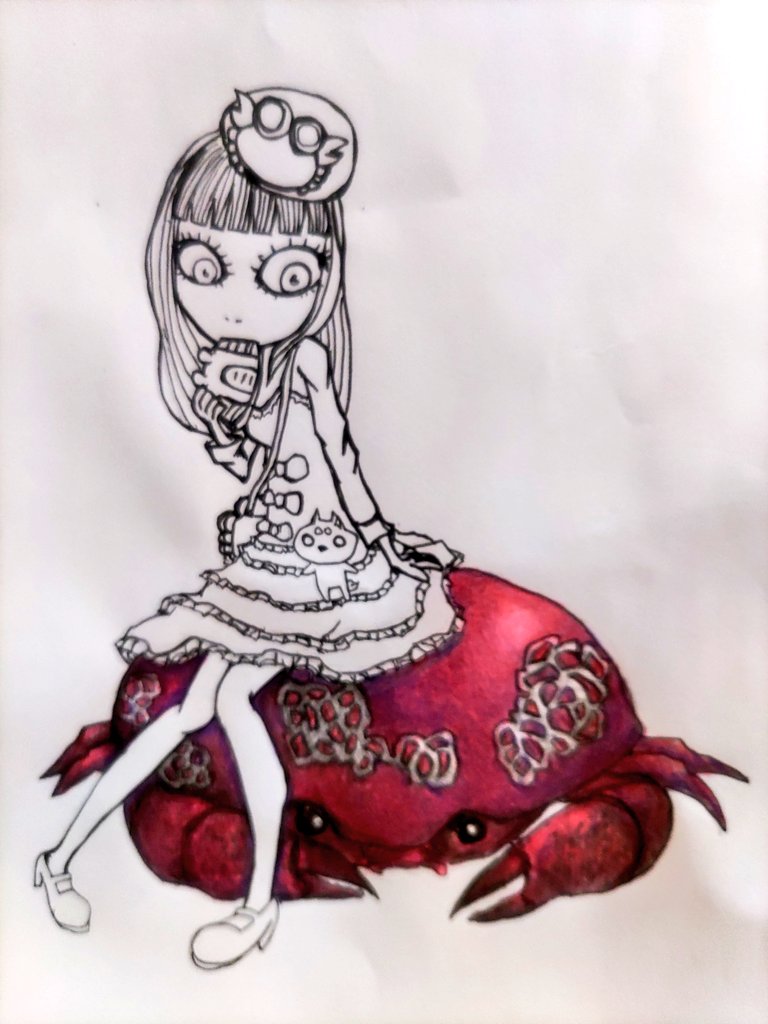 上手い下手は抜きにして楽しく描けたから見て φ(・∀・) スベスベマンジュウガニ🦀と かにぱん🦀を食べる かにぱんお姉さん🦀✨ #かにぱんお姉さん #スベスベマンジュウガニ #色鉛筆 #イラスト #お絵描き #らくがき