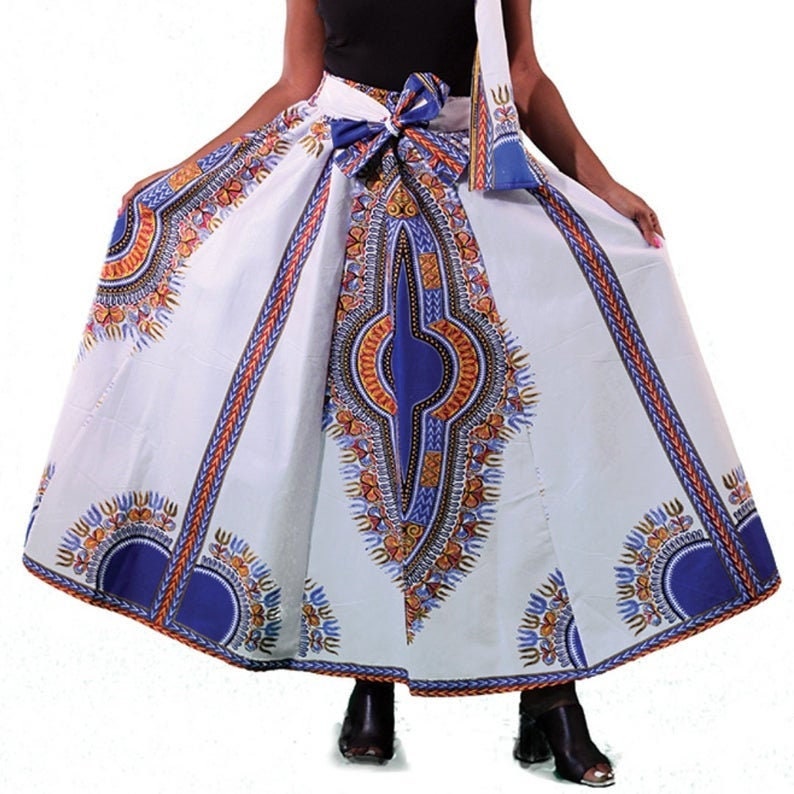 Traditional African White Blue Print Maxi Skirt with Matching Headwrap ONE SIZE tuppu.net/bd8e04e1 #fashionjewelry #melaninfashion #Etsy #explore #blackownedbusiness #OnlineBoutique