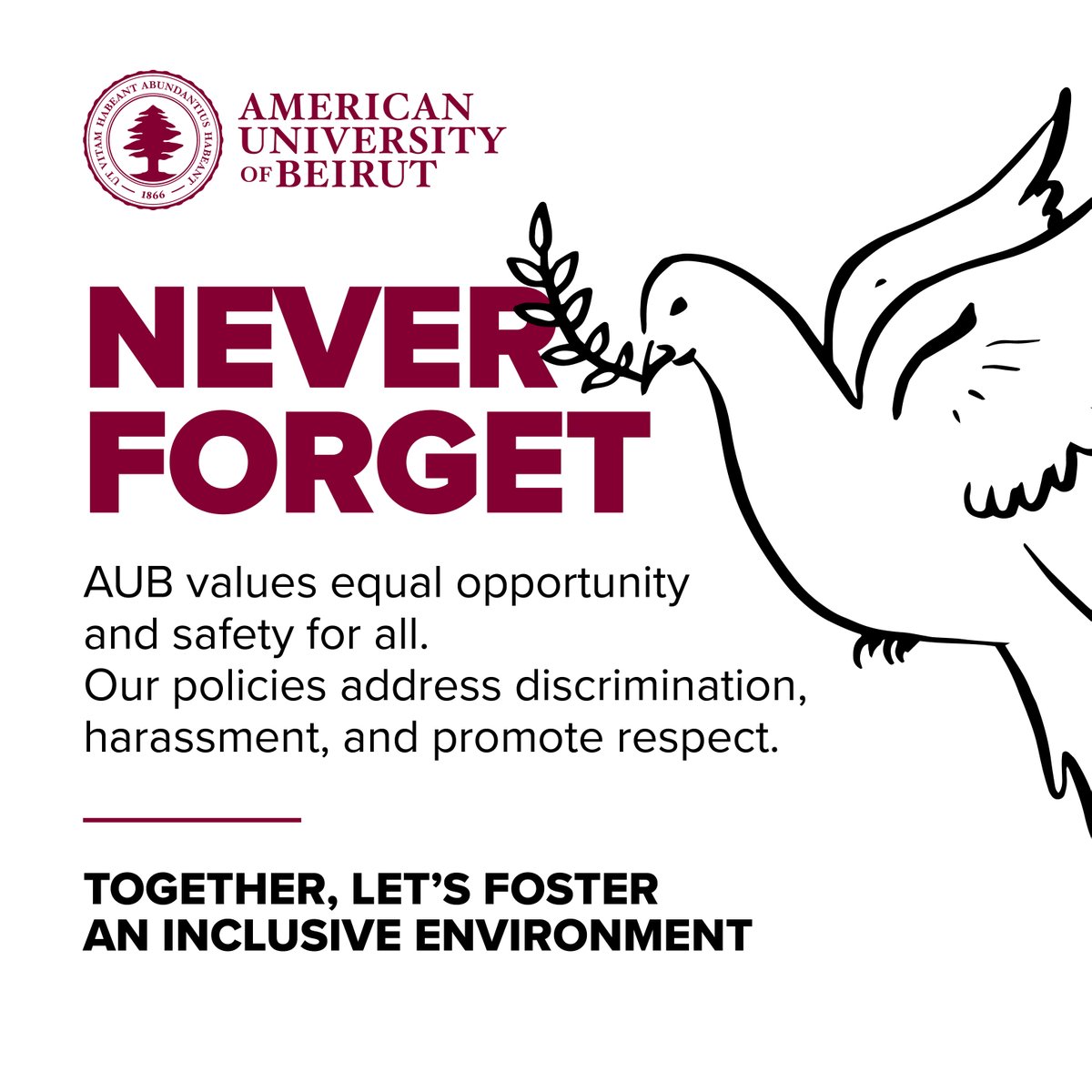 On International Day of Living Together in Peace, AUB reaffirms its commitment to equal opportunity, safety, and respect for all. Let's build an inclusive environment together. #AUBproud #AUBvibes #peace #safety #InclusiveCommunity