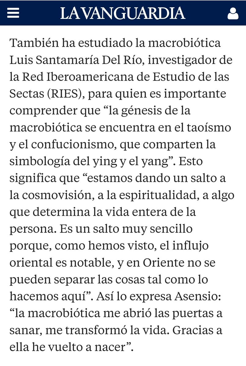 En <a href="/LaVanguardia/">La Vanguardia</a> <a href="/LVcomer/">Comer La Vanguardia</a>, este reportaje de <a href="/LauraConde5/">Laura Conde</a> sobre la dieta macrobiótica en el que colaboro 
lavanguardia.com/comer/tendenci…
#StopPseudociencias #coNprueba <a href="/sanidadgob/">Ministerio de Sanidad</a> <a href="/CGCOM_Esp/">Consejo General de Médicos</a> <a href="/apetp_/">apetp</a> <a href="/beatrizcalidad/">Beatriz Robles</a> <a href="/StopPseudo/">Stop Pseudociencias</a> <a href="/vbaosv/">Vicente Baos 🇪🇺🇪🇸</a> <a href="/ElenaC_S/">Elena Campos-Sánchez</a> <a href="/roipipe/">Roi Piñeiro</a> <a href="/Shora/">Esther Samper</a> <a href="/FerFrias/">Fernando Frias</a> <a href="/100cia_/">New-100cia</a> <a href="/_SEOM/">SEOM</a>