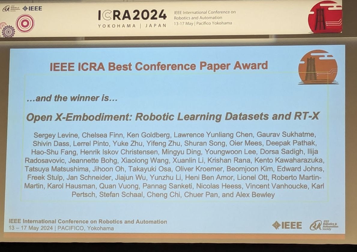 Open X-Embodiment wins the Best Paper Award at #ICRA2024 🎉🤖! An unprecedented Best Paper author list of 170+ (most not shown on the slide) may be a record for ICRA! So amazing to see what a collaborative community effort can accomplish in pushing robotics + AI forward 🚀