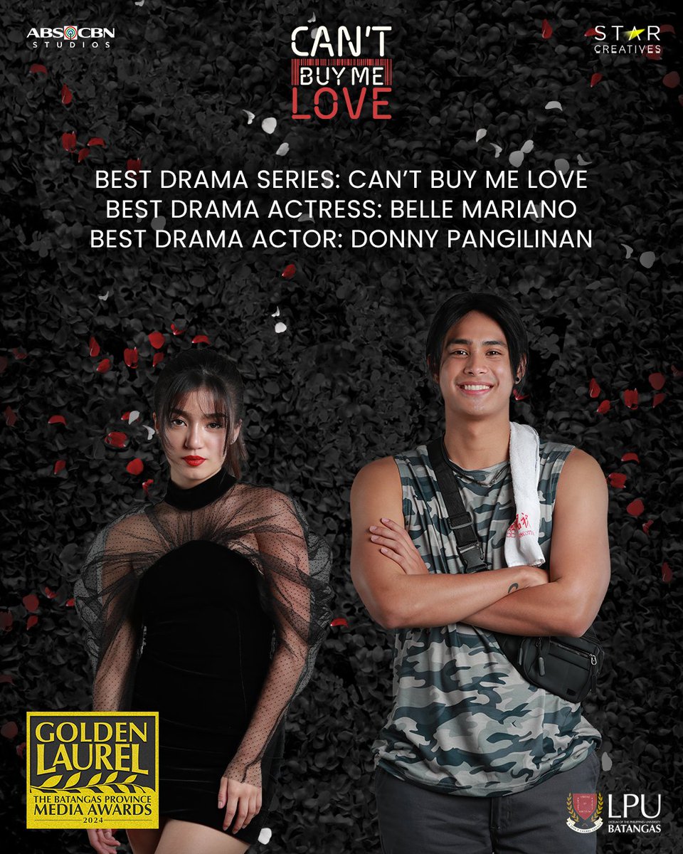 Congratulations to the whole team of Can't Buy Me Love for winning the Best Drama Series, and to our #DonBelle, Donny Pangilinan and Belle Mariano, for winning the Best Drama Actor and Actress on the recently held Golden Laurel Awards 2024. #CantBuyMeLove