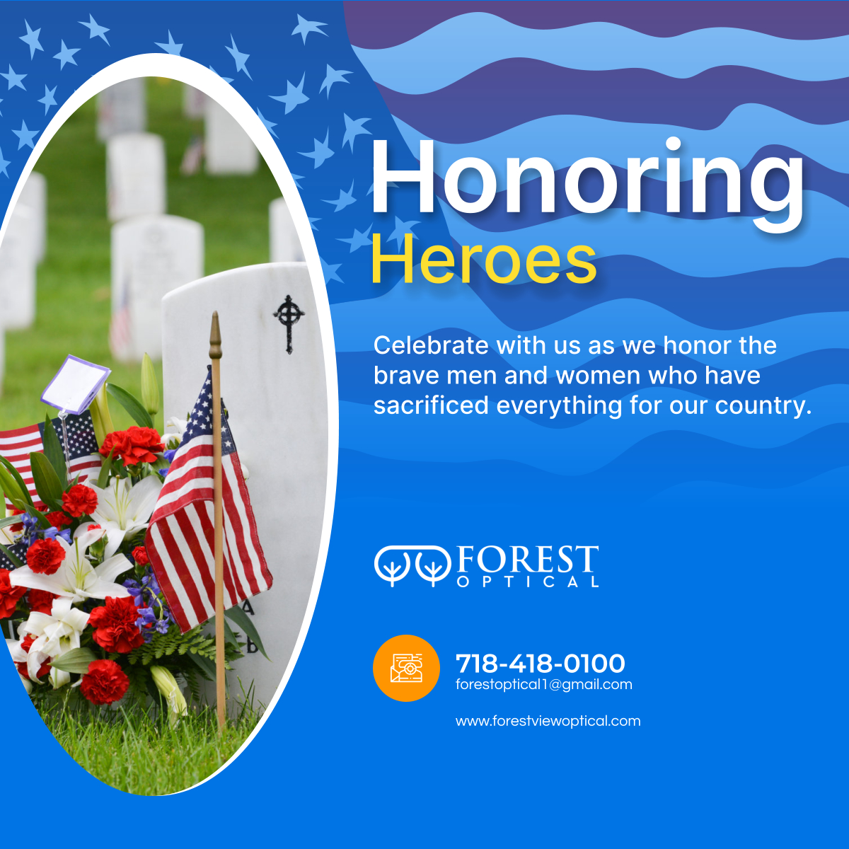 forestoptcl's tweet photo. This Memorial Day, let's come together to remember, reflect, and rejoice in their memory. Save the date, and let's honor our heroes together. 

#RidgewoodNY #OpticalGlassesStore #MemorialDay https://t.co/Lp550IGIl1