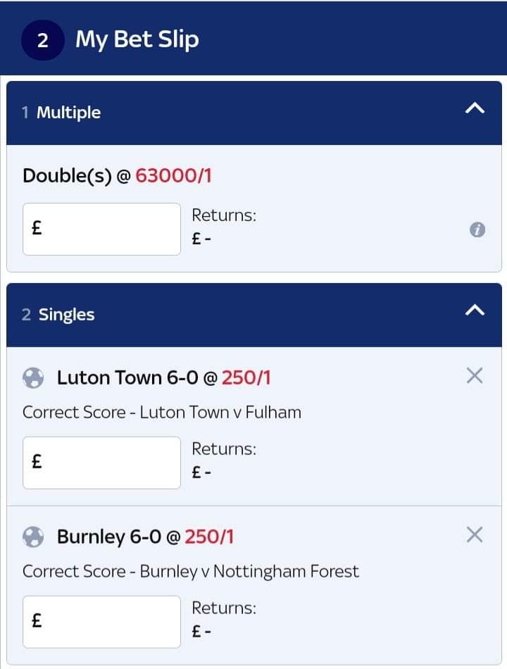 I know someone who has had a bet on @LutonTown staying in the Premier League. It's a 63,000 to 1 shot with the Hatters beating Fulham 6-0 and Burnley defeating Forest by the same score on Sunday. You would get £6,300 from a 10p double.