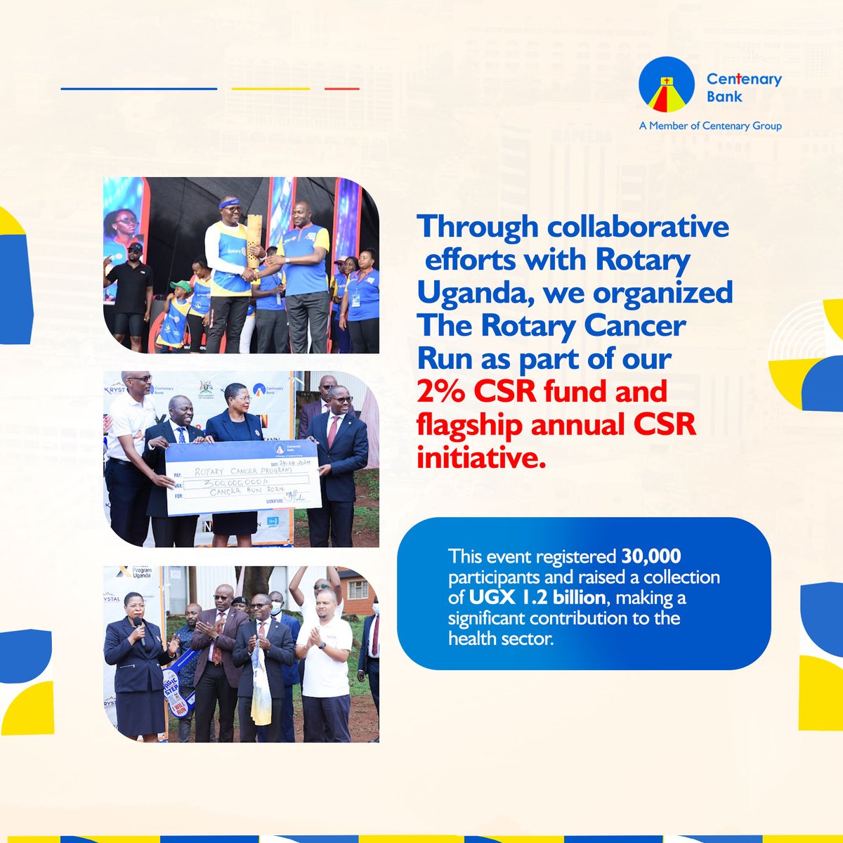 CentenaryBank's tweet photo. In 2023 our bank's CSR facilitated collaboration with Rotary to enhance community well-being. Notably, we lead initiatives such as the Rotary Cancer Run, striving to build cancer treatment Bunkers at Nsambya Hospital. #FP2023
See link https://t.co/GpUd2HZTEF https://t.co/2X8yImfttq