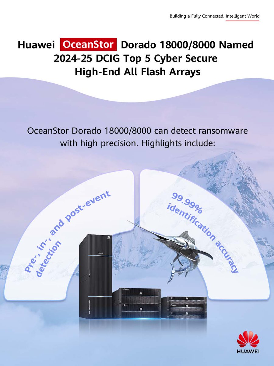 🛡️#Huawei #OceanStorDorado 8000 and 18000 shield your data against ransomware with outstanding accuracy. So, it's no wonder DCIG named these storage systems in the Top 5 Cyber Secure High-End All Flash Arrays for 2024-25. Learn more: bit.ly/3zP3D15 #HuaweiStorage #DCIG