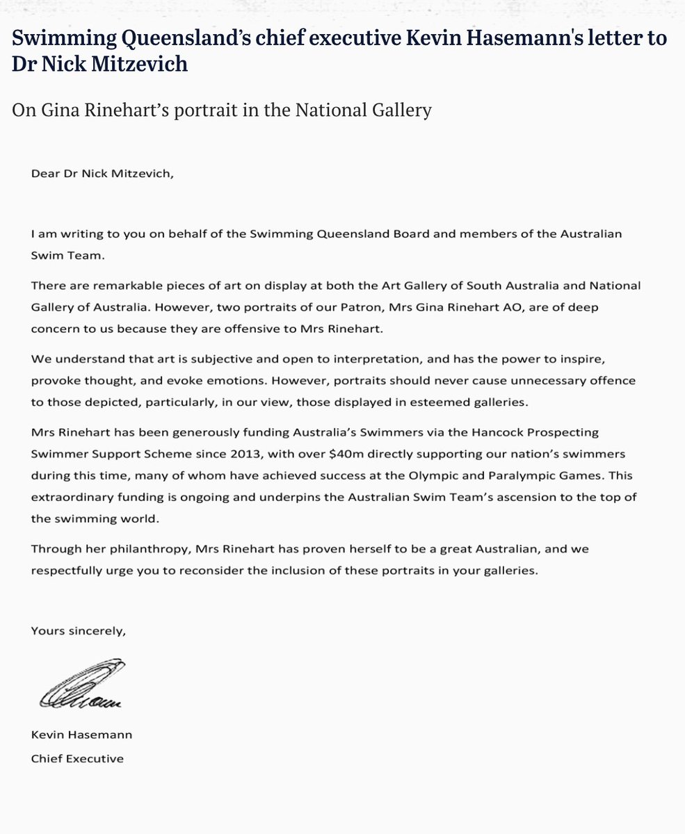 Here is the letter from Swimming Queensland chief Kevin Hasemann to the National Gallery. Hasemann and Kyle Chalmers coordinated a group of 20 elite Australian swimmers to campaign against the portrait of Rinehart by Archibald Prize-winning Indigenous artist Vincent Namatjira.