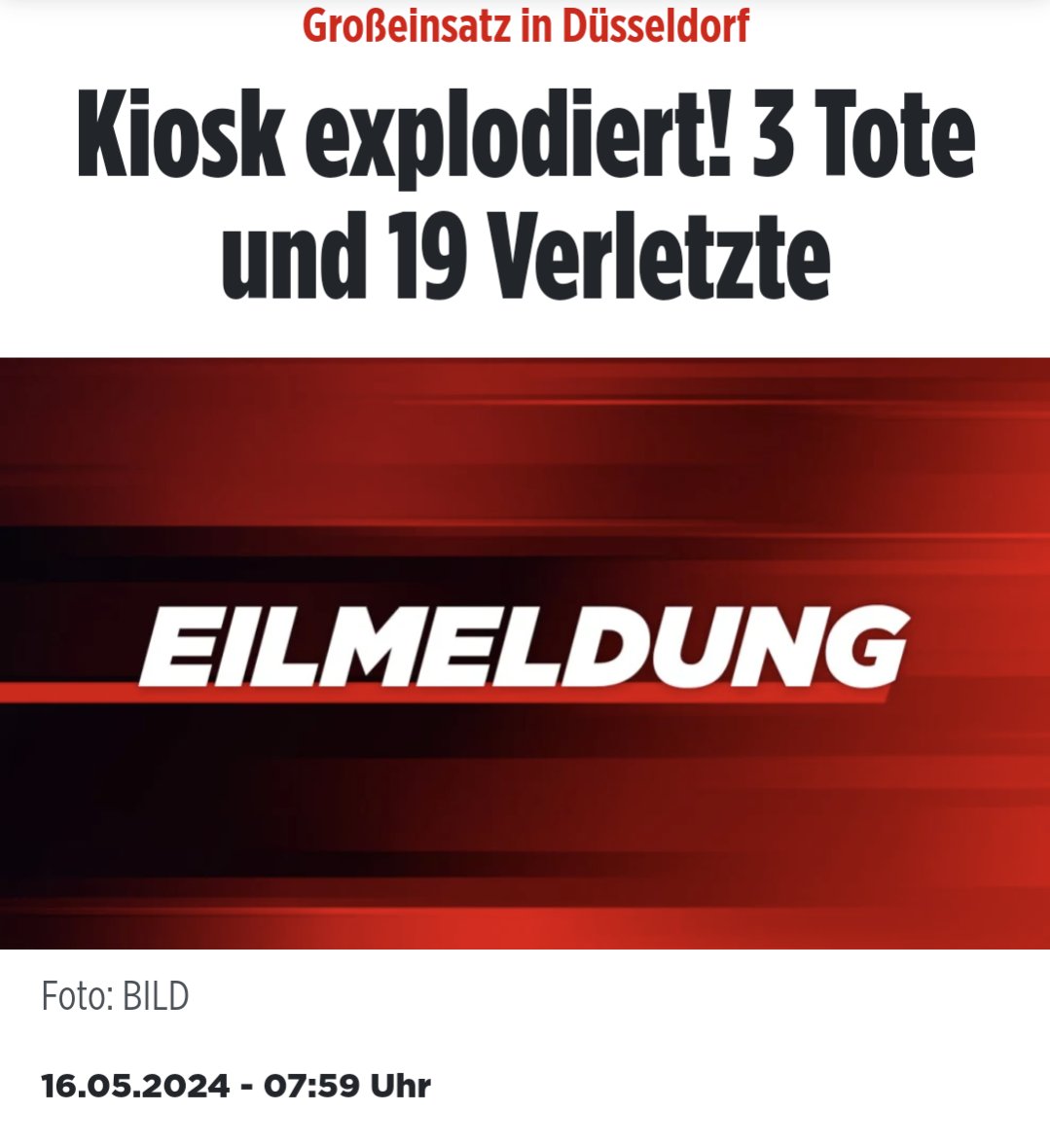 3 Tote, mindestens 19 Verletzte, 2 davon schweben in Lebensgefahr. Explosion in einem #Düsseldorf|er Kiosk. Wtf?! #Flingern Artikel: m.bild.de/news/grosseins…