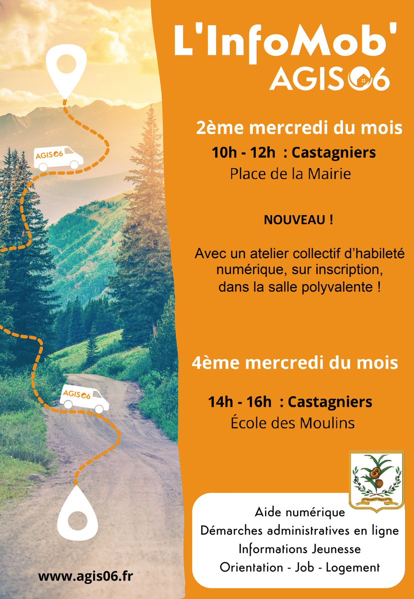 Le 22 mai,  de 14h à 16h, l'équipe Cap Jeunesse de  l'association Agis sera présente sur le parking des Moulins de  #Castagniers06
Dès le 12 juin, un atelier d’habileté numérique sera proposé !  #InfoMob #MédiationNumérique #AideAdministrative #InfoJeunesse #Orientation #Stages