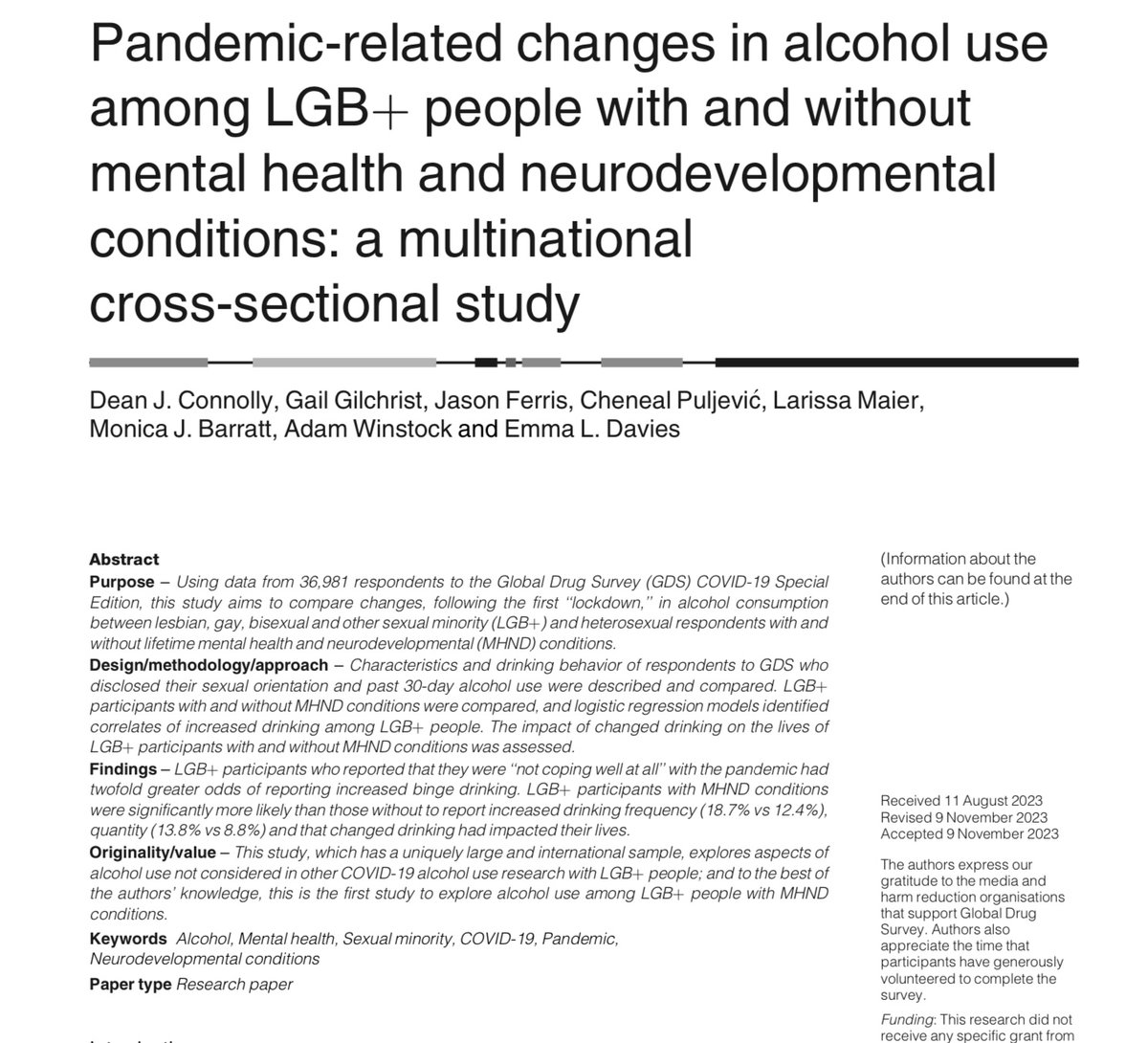 🔔#NewIssue🔔 Inside 25(1): ‘Pandemic-related changes in alcohol use among LGB+ people with and without mental health and neurodevelopmental conditions: a multinational cross-sectional study’ by @DJConnolly94, @JasonFerris22 & colleagues Access Here ➡️ emerald.com/insight/conten…