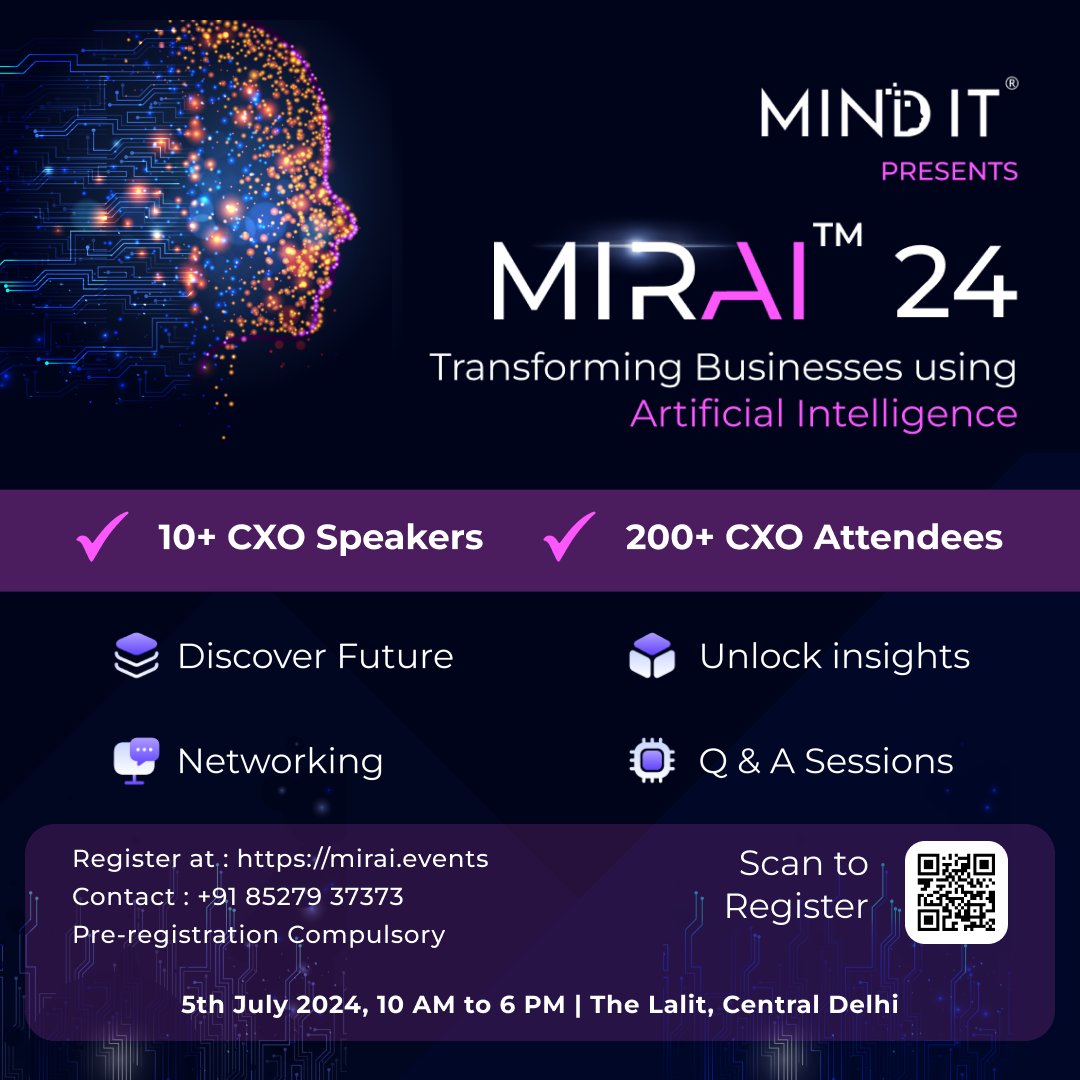 MindITWorks's tweet photo. Brace yourselves for the ultimate AI experience!
We're thrilled to announce the upcoming Mirai™ 24, where real innovation meets buzz around artificial intelligence.
https://t.co/clEidlvhfu
Mirai™ 24 event powered by Mind IT®
#mirai #mirai24 #delhievent #aievent #cxoconclave https://t.co/OrjwcX850a