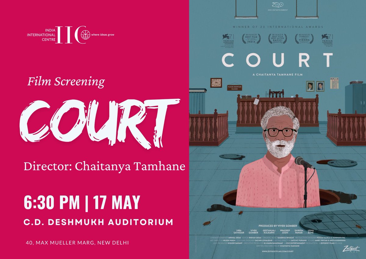 Join me tomorrow (Friday) at @IIC_Delhi around 6:30 PM for a special screening of Court. Court is a 2014 Indian legal drama film, marking the directorial debut of Chaitanya Tamhane. The film scrutinizes the Indian legal system through the trial of an aging protest singer. Upon