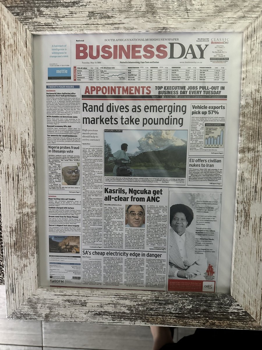 18 years ago today … the Rand was at R6.50 to the US Dollar! R6.50. And it was said to have “dived”. This is the front page of the Business Day newspaper from Tuesday May 16, 2006. (It’s framed because this formed part of my son’s 18th Birthday gift today🥹).