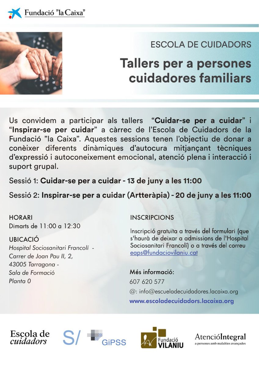 Us convidem a participar al tallers de l'Escola de Cuidadors que farem properament! 
#FundaciónlaCaixa #FinaldeVida #EnfermedadesAvanzadas @GipssSocio #EscolaCuidadors