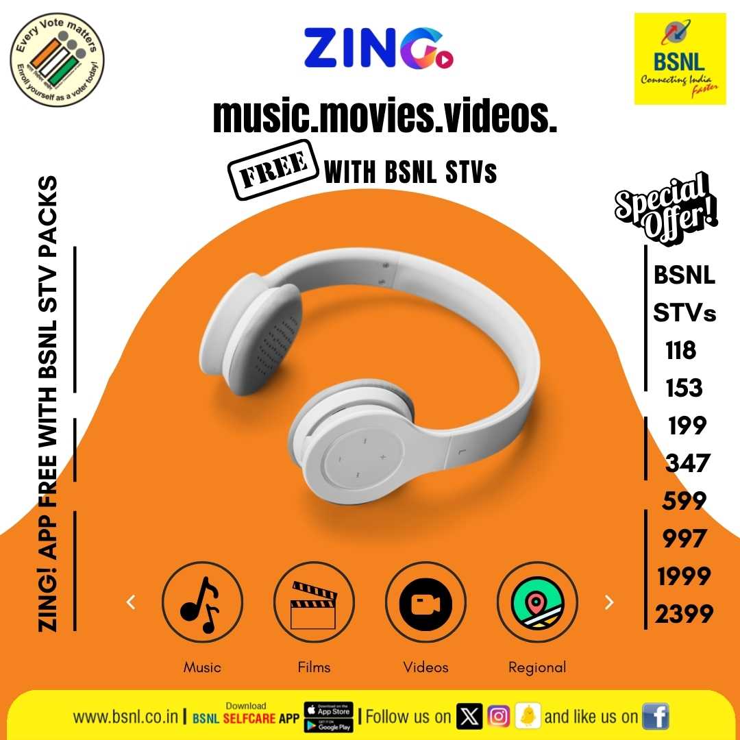 Unlock a world of regional entertainment with #Zing! Experience the rhythm of local music, the thrill of movies, and more with select #BSNL prepaid plans. Download #BSNLSelfcareApp Google Play: bit.ly/3H28Poa App Store: apple.co/3oya6xa #BSNLOnTheGo #DownloadNow