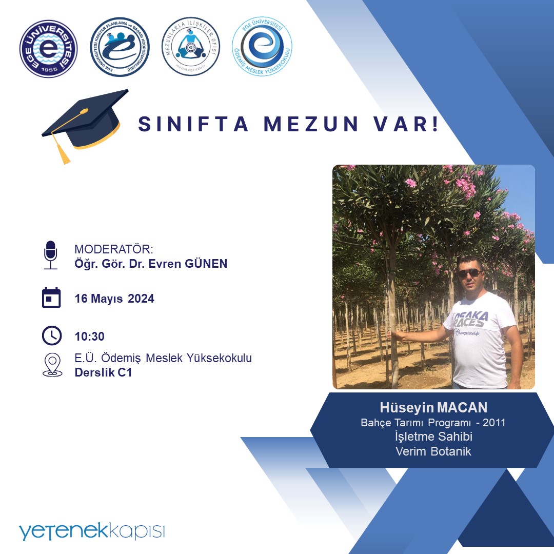 Mühendislik Fakültesi Elektrik ve Elektronik Mühendisliği Bölümü, Ödemiş MYO Bahçe Tarım Programı, Ödemiş MYO Tohumculuk Teknolojisi Programı mezunları Sınıfta Mezun Var etkinliği ile sınıflarımıza konuk oluyor.

<a href="/ProfNecdetBudak/">Prof.Dr.Necdet BUDAK</a>
<a href="/EgeMuhFak/">Ege Üniversitesi Mühendislik Fakültesi</a> 
<a href="/odemismyo/">E.Ü. Ödemiş Meslek Yüksekokulu</a>