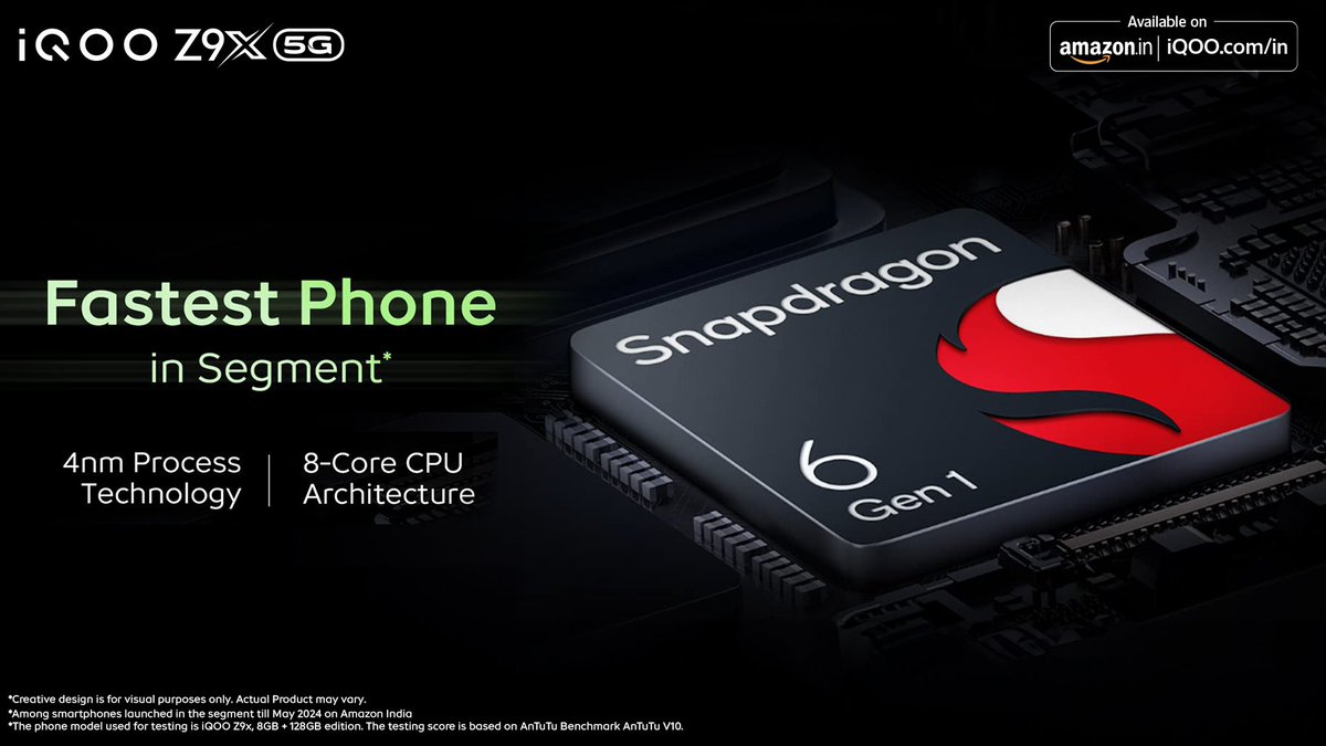 #iQOOZ9x 5G boasts the Snapdragon 6 Gen 1 , a 4 nm processor, making it the #FastestSmartphone in its segment* and sets a new benchmark for performance. Know More - bit.ly/3wmJjIi Watch Now - bit.ly/3yfyCb0 #iQOO #AmazonSpecials #FullDayFullyLoaded