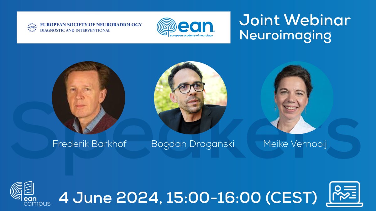 Join our upcoming EAN/@ESNRad joint webinar! Discover patient selection criteria, imaging techniques, workflow considerations & more! 4 June 2024 starting at15:00 CEST ⌛ ➡️To register, follow the link to your MyEAN account: ow.ly/Lbi850RGGNe #eanCampus #neurotwitter