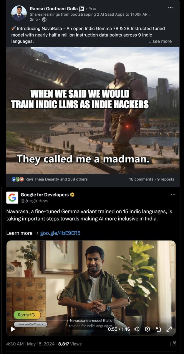 From releasing Navarasa with the below meme two months back to being the showcase of Google for Developers, feels like a dream! 

Grateful for the internet for making great things happen with @ravithejads ! We worked on Navarasa and released it without ever meeting in real life