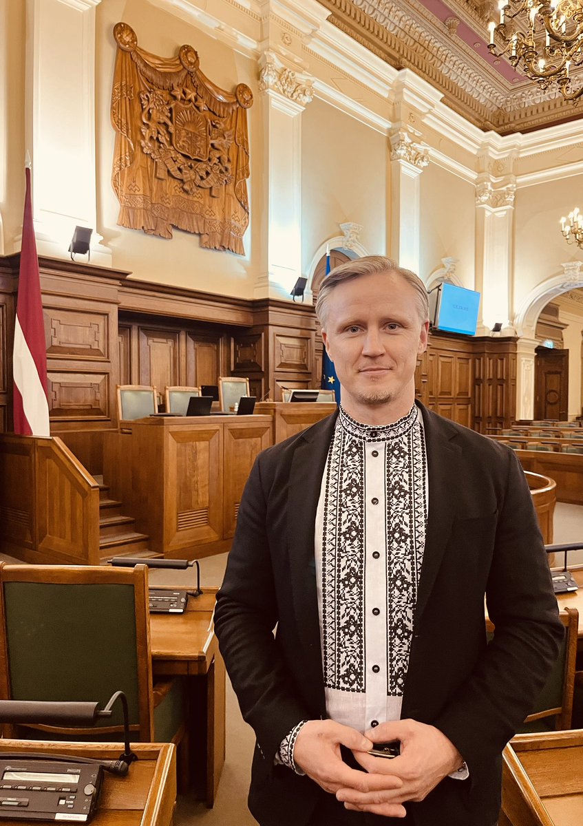I attended the Saeima session today, where we celebrated International Vyshyvanka Day by wearing traditional Ukrainian linen shirts 🇺🇦. 

Ukraine is still fighting for our freedom and democracy. 

There is a war between civilization and barbarism, and it's crucial to do
