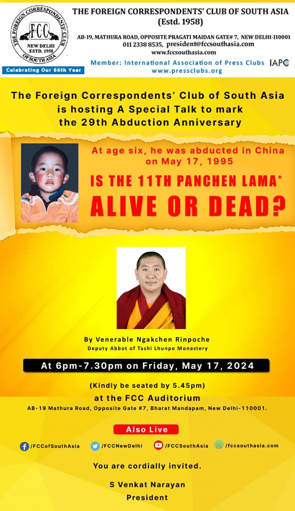 YoudonAukatsang's tweet image. Tomorrow May 17th on the 29th anniversary of the disappearance of #PanchenLama,  @FCCNewDelhi is hosting a special talk by Ven Nagchen Rinpoche, Deputy Abbot of Tashi Lhunpo Monastery #FreethePanchenLama #MakeChinaAccountable