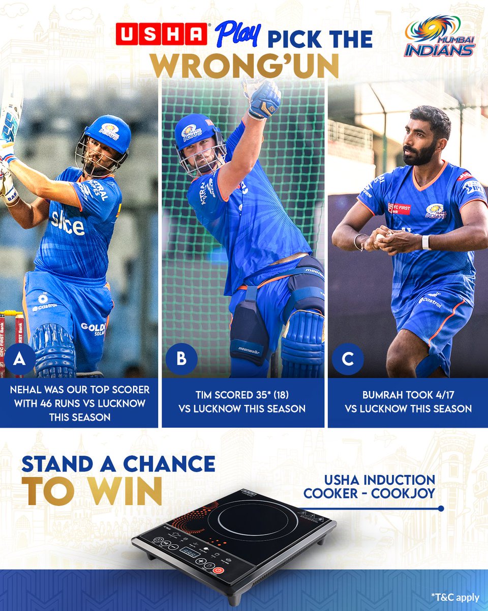 Can you identify the incorrect stat to win an exciting 🎁? 👀 Tell us which of the three statements is the 𝐖𝐫𝐨𝐧𝐠'𝐔𝐧 & claim an @UshaPlay Induction Cooker - Cookjoy ♨️ Read the T&C here! 👉 bit.ly/USHAContest #MumbaiMeriJaan #MumbaiIndians