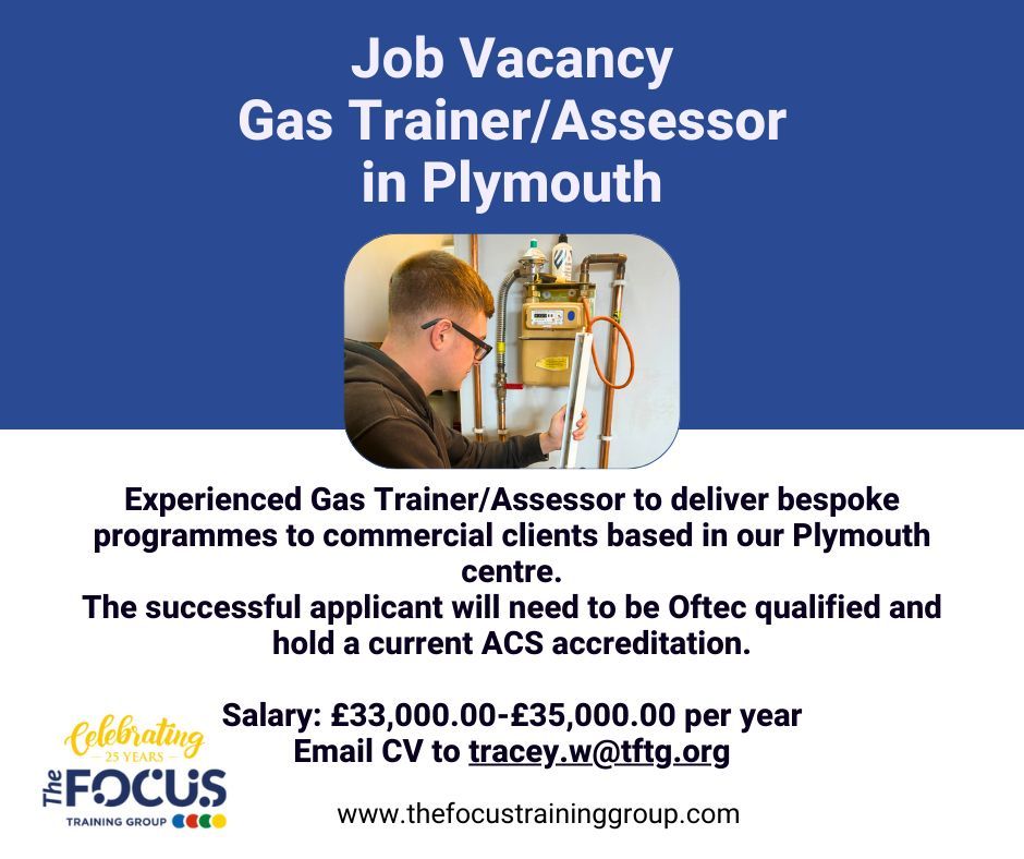 Join Our Team as a Gas Trainer/Assessor in our Plymouth Centre We're seeking an experienced Gas Trainer/Assessor to deliver tailored programs to commercial clients. OFTEC qualification and current ACS accreditation required. Send your CV to tracey.w@tftg.org #PlymouthJobs #Gas