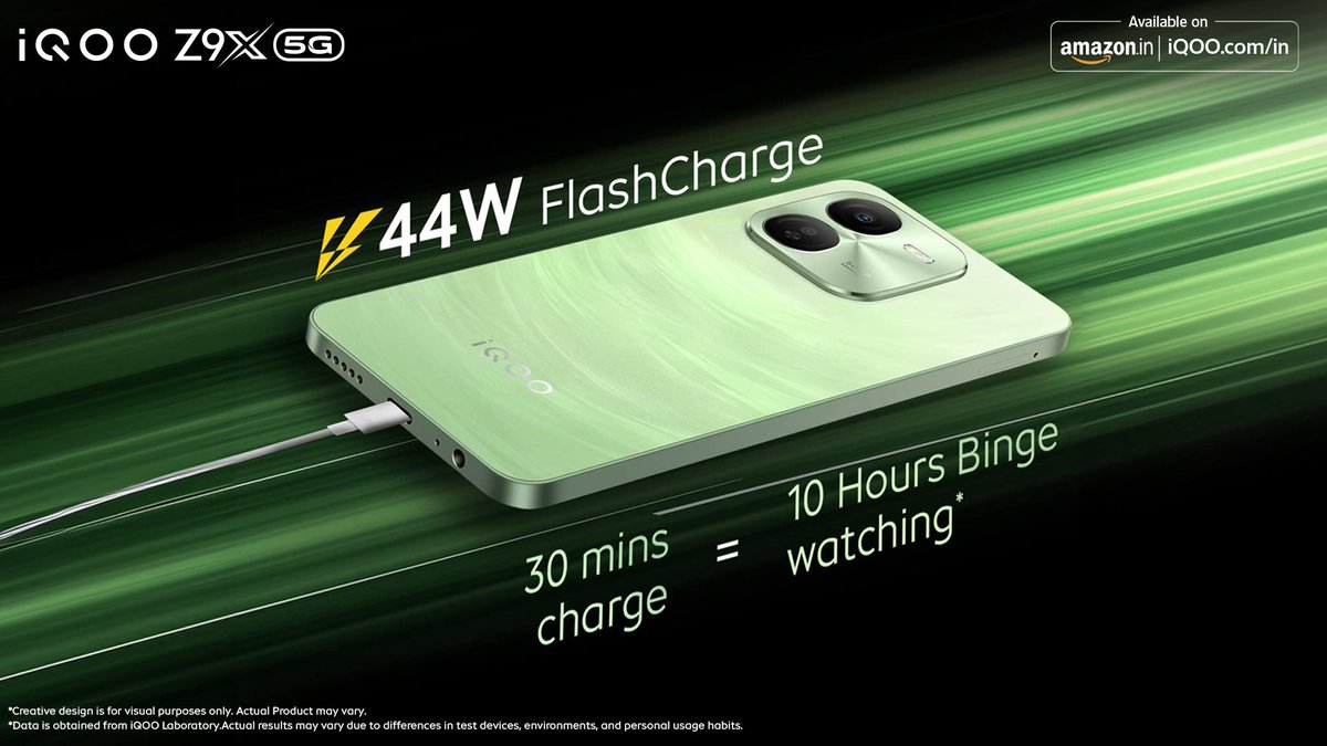 With the lightning-fast 44W Flash Charging on #iQOOZ9x, indulge in a 10-hour binge-watching session with just 30 minutes of charge*. Say hello to uninterrupted entertainment! 🚀🔌

Know More - bit.ly/3wmJjIi
Watch Now - bit.ly/3yfyCb0

#iQOO #AmazonSpecials