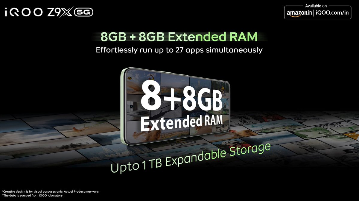 Unlock seamless multitasking capabilities with the #iQOOZ9x’s 8GB+8GB Extended RAM, enabling you to effortlessly run up to 27+ apps simultaneously! Upto 1 TB Expandable storage, you'll never run out of things to do. Know More - bit.ly/3wmJjIi Watch Now -