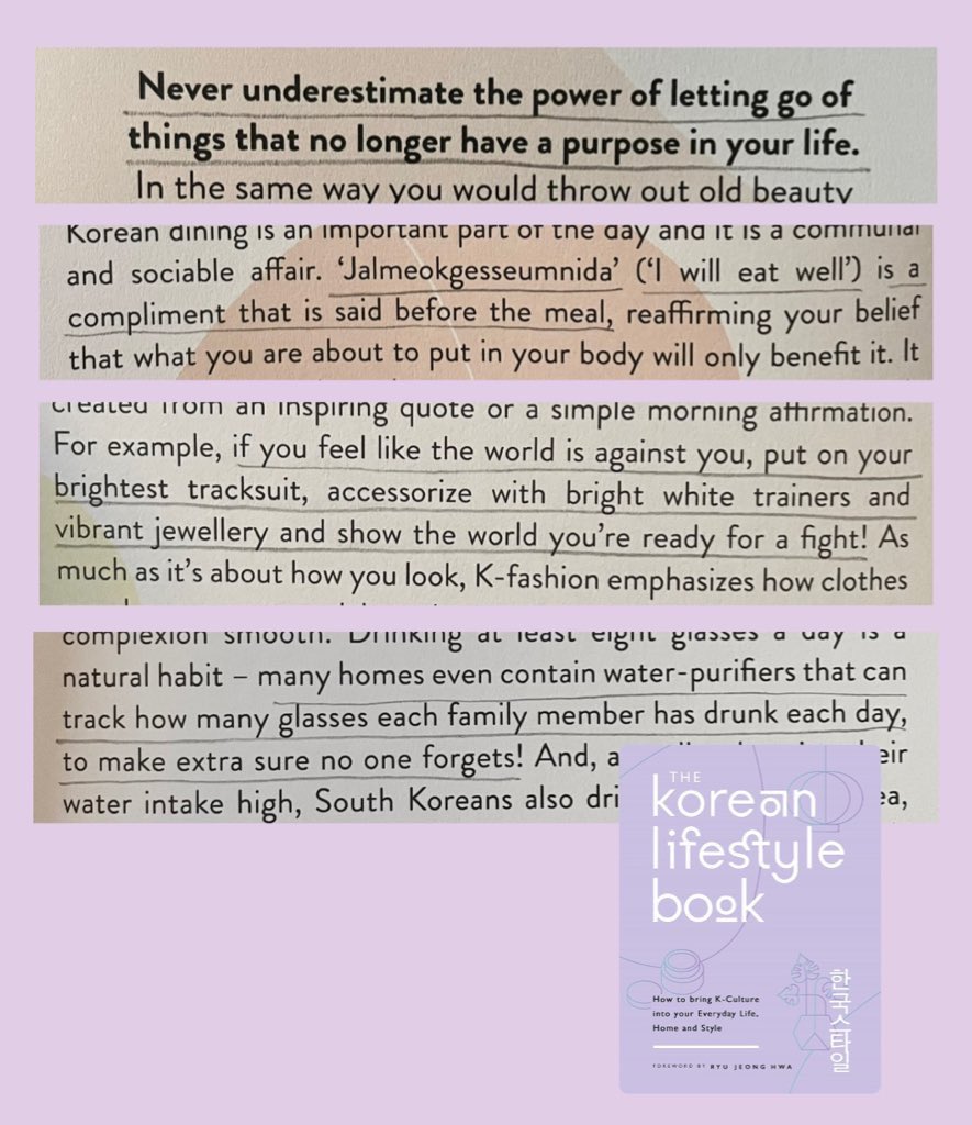 📍مراجعة كتاب
the Korean lifestyle book 
اللي يحب الثقافة الكورية من جميع نواحيها، عناية وجمال وميك اب وفاشن وطبخ وكيبوب وحتى اثاث وديكور! هذا الكتاب لك. رائع وجميل ويفتح النفس واخذت منه اشياء كثييير حلوة. وهذي بعض النصوص اللي اعجبتني. اخذته من امازون الحقوا عليه لي فترة اتكلم