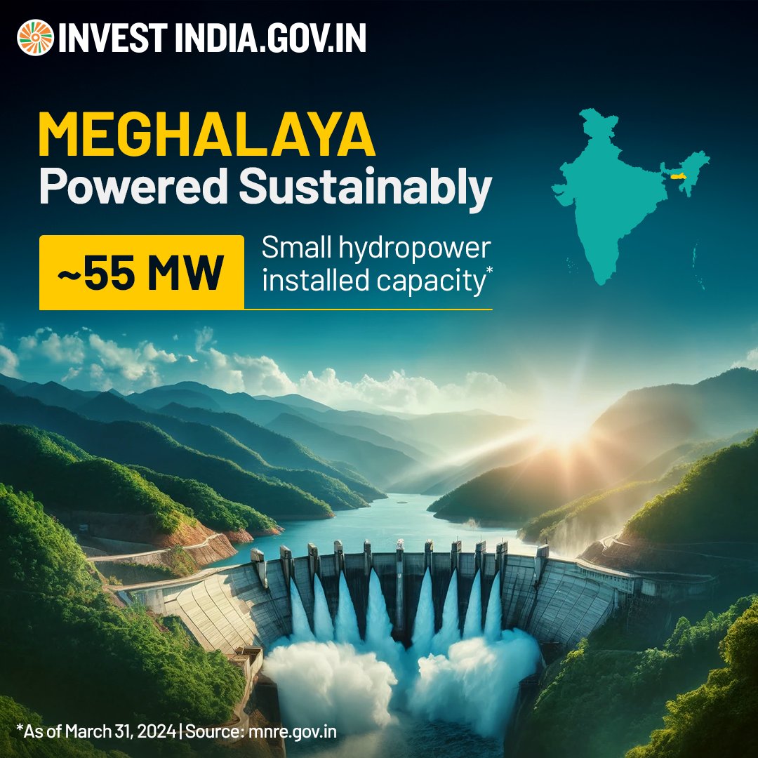 Energise your portfolio with #Meghalaya's #hydropower. Its abundant water resources make it a prime location for maximising your investment returns.

Splash in the sustainable energy opportunities of the state here: bit.ly/II-Meghalaya

#InvestInIndia #CleanEnergy @mnreindia