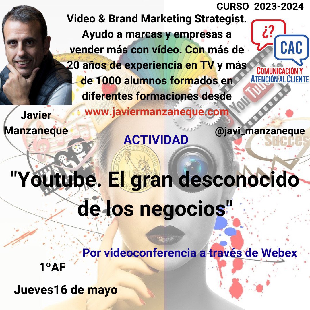 Y hoy contaremos con el penúltimo #profesional del curso en #CyACartuja <a href="/javi_manzaneque/">javi_manzaneque</a> nos hablará sobre #Youtube y su utilidad para las pymes #RRSS

#FP #Comunicación