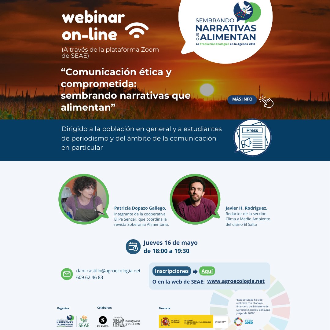 ¿Cómo contamos la #agroecología? ¿Con qué #narrativas? Un diálogo entre @atomsdecolorins de @RevistaSABC y @JavierHRguez de @ElSaltoDiario 🗓️ Jueves 16 ⏰ 18h. 🖥️ Online Ciclo de @SEAE_Agroecolog 'Sembrando Narrativas que Alimentan'. ℹ️+ Inscripción 👉 agroecologia.net/evento/webinar…