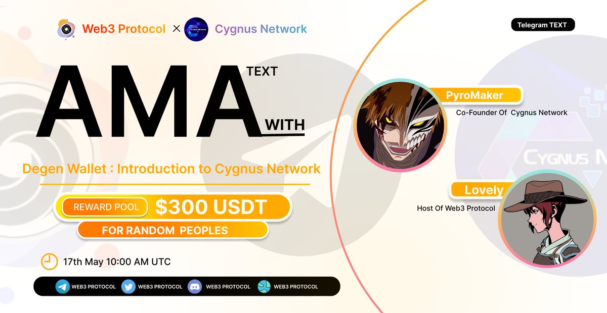 🎙️Join Our New XTegram text #AMA With@CygnusNetworkAI 🤠Guest:PyroMaker ( Co founder of Cygnus Network ) 🌎 Host: Lovely ( Web3 Protocol ) 📕Topic: Introduction of Network ⏲️Schedule: 17th May, 10:00 AM UTC🧨Reward Pool: $300 USDT ( Lucky Peoples ) To Enter:- 👨Follow