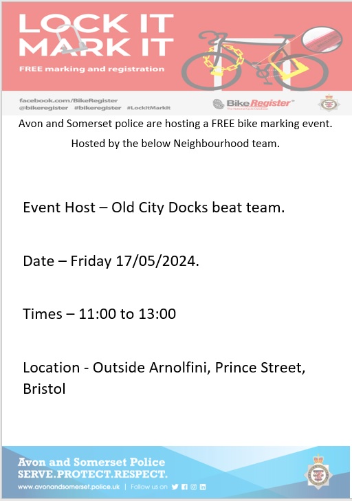 SPREAD THE WORD 👮 🚨 BIKE MARKING 🚨 👮 Friday 17th May 11:00-13:00 come and meet the Old City and Docks Neighbourhood Team outside Arnolfini, Prince Street, #Bristol who will be carrying out a FREE #cycle register event, bring your bike! 🚲