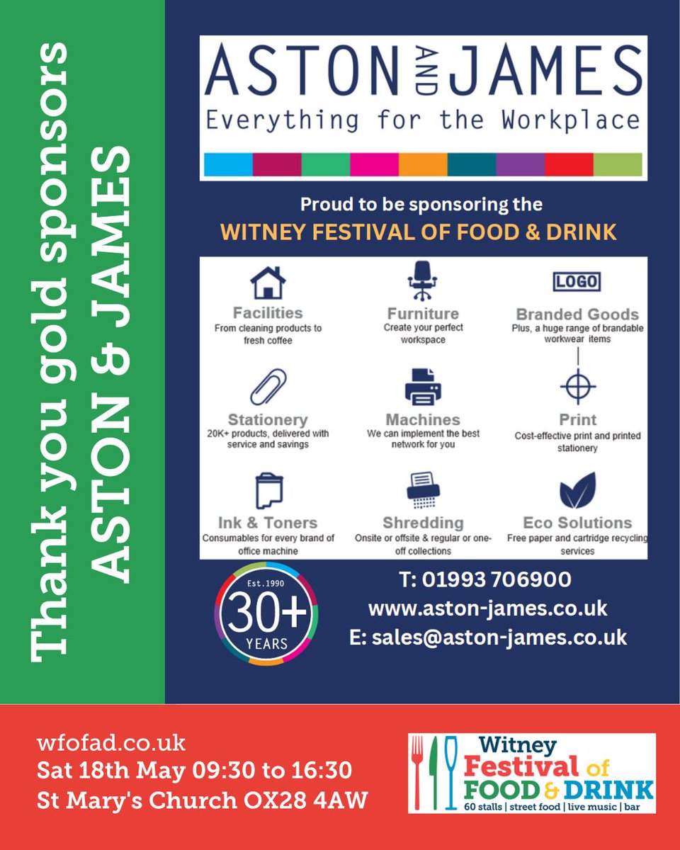 WITNEY FOOD&DRINK (@wfoodanddrinkf) on Twitter photo A huge thanks to Gold Sponsor Aston & James for supporting our festival by supplying raffle tickets and entry wrist bands.
<a href="/Aston_and_James/">Aston and James</a> expert support and advice on all matters to do with office supplies and workplace solutions is very much appreciated by the WFOFAD team. A huge thanks to Gold Sponsor Aston & James for supporting our festival by supplying raffle tickets and entry wrist bands.
<a href="/Aston_and_James/">Aston and James</a> expert support and advice on all matters to do with office supplies and workplace solutions is very much appreciated by the WFOFAD team.