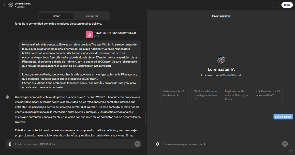 Tenemos que sacar vídeo de esto, llevo un tiempo con un custom GPT metiéndole todo tipo de información, libros, libros ingame, transcripciones de cinemáticas. 

Este cabrón va a saber más lore de Warcraft que el Metzen
