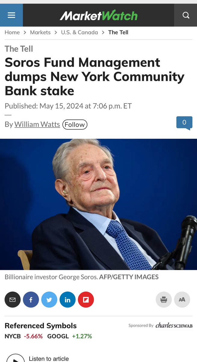 Soros Fund Sells Nearly 1.5 Million Shares of NYCB 'Soros Fund Management, the family office founded by billionaire trading legend George Soros, eliminated its stake in New York Community Bank in the first quarter, according to a regulatory filing on Wednesday. Soros Fund