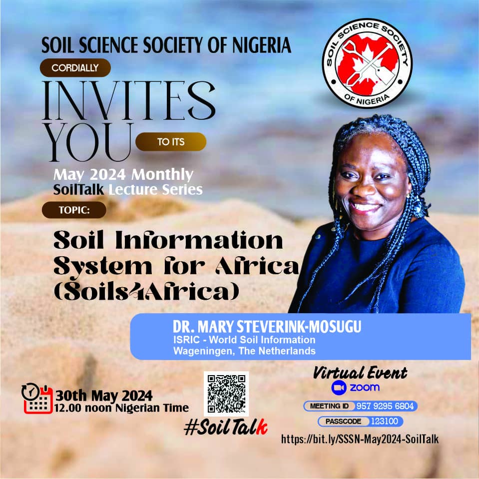 We are pleased to attend the monthly virtual @nissng #SoilTalk on Thursday, 30 May. Our colleague Mary Steverink will present on #SoilInformation System for #Africa (@Soils4A ). More info below:
