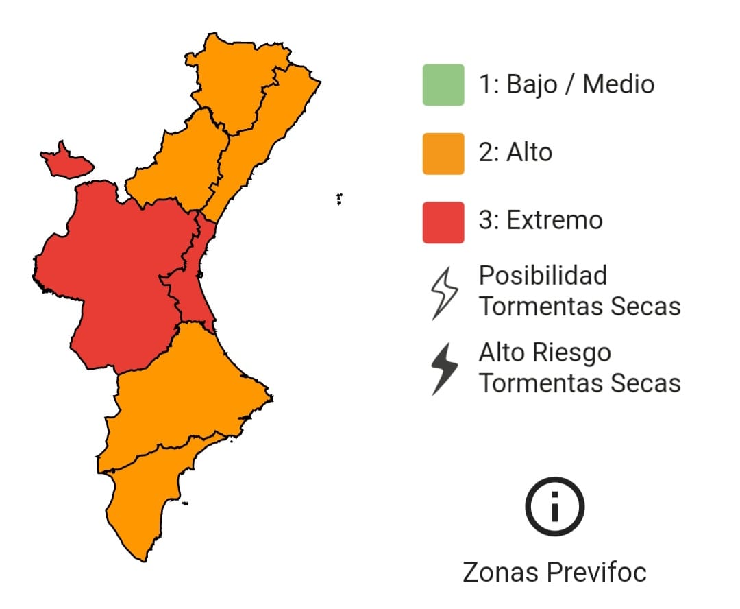 ⚠️ El nivel de riesgo de incendio forestal #IF para hoy en la #ComunitatValenciana es: 🟥 EXTREMO en la provincia de #Valencia 🟧 en el resto del territorio. 🚫 Con riesgo extremo está prohibido hacer fuego, o trabajos que puedan causar un incendio, en el monte. ℹ️ Si ve humo