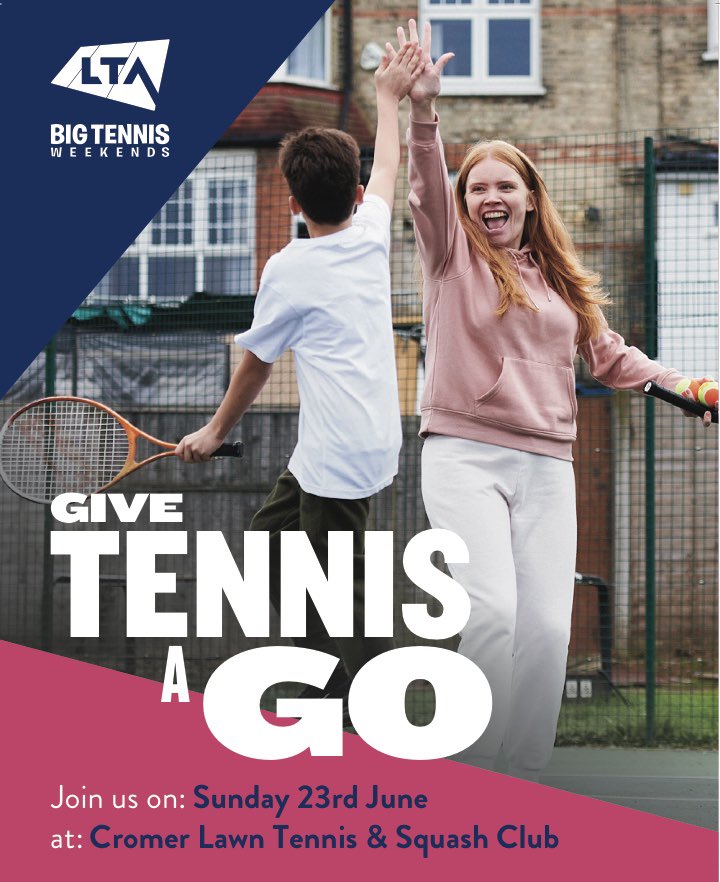 CROMERTENNIS's tweet photo. A date for your diaries..not just for Tennis but all of our racket sports!

Squash
Racketball
Pickleball
Table Tennis 

@NorthNorfolkDC #enjoycromermore
#cromer
#sheringham
#northnorfolk
#enjoymoresport
#beactive https://t.co/f8Coi0XeGI